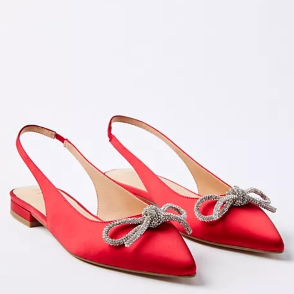 NEW! LOFT Red Satin Sparkle Bow Slingback Flats 7.